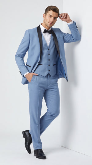 Men’s Powder Blue 3 Piece Tuxedo Suit – Light Blue Shawl Lapel Wedding Prom Suit with Vest