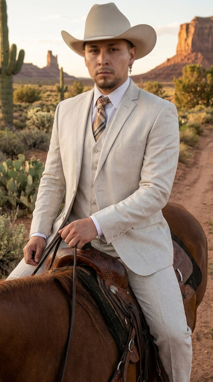 Men’s Sand champaign  Western Cowboy 3-Piece Suit – Light Cream Wedding Suit with Vest & Pants Slim Fitted