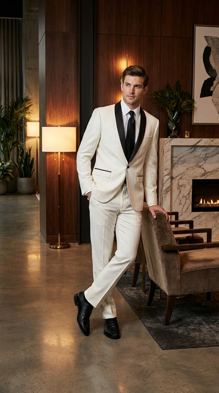 Men’s Ivory and Black Shawl Tuxedo Suit with Jacket and Pants, Formal Wedding Dinner Suit