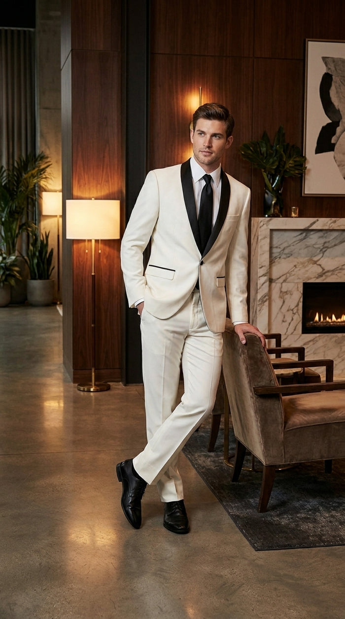 Men’s Ivory and Black Shawl Tuxedo Suit with Jacket and Pants, Formal Wedding Dinner Suit