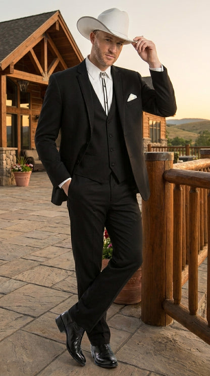 Men’s Black Western Wedding Suit with Vest and Pants, Cowboy Tuxedo Formal Dress Suit