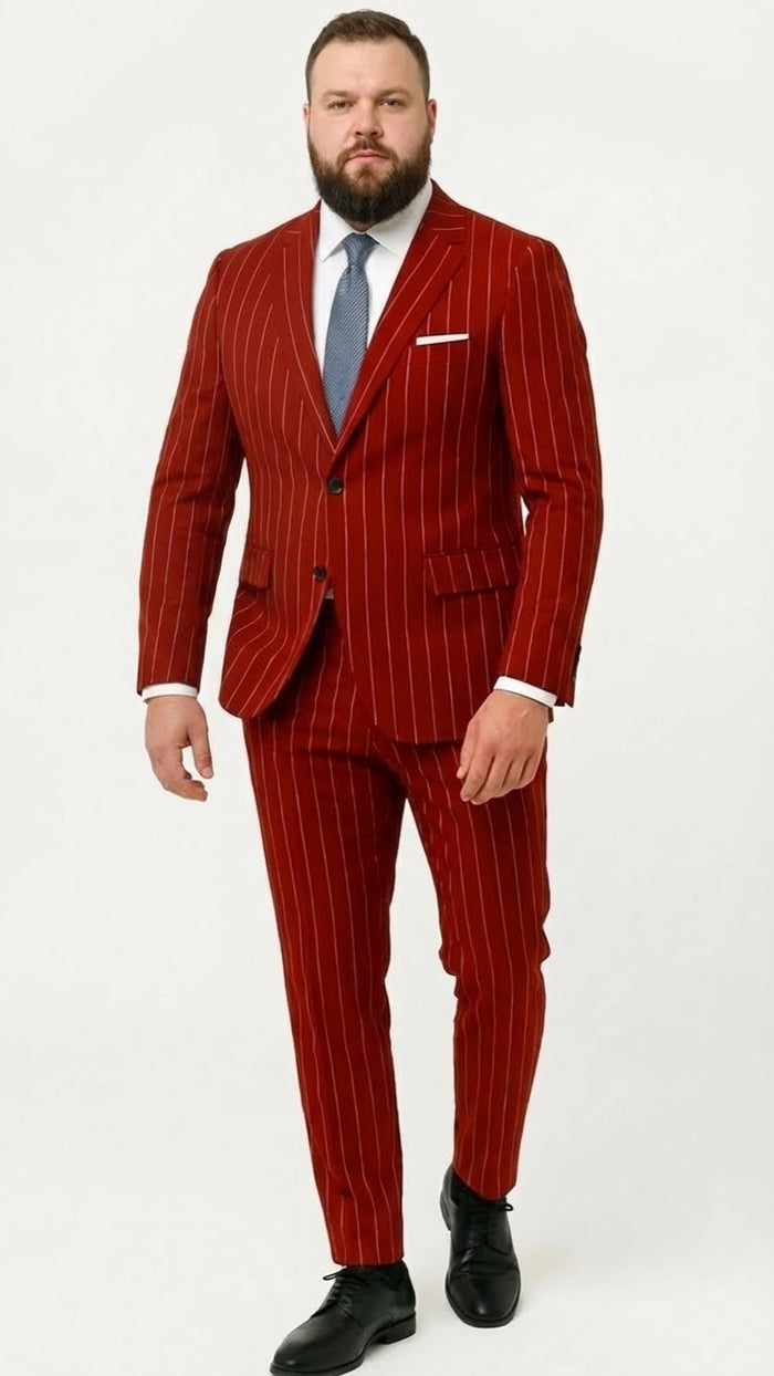 Men's Red Pinstripe Suit - Stripe Two-Button Vested Suit 2 Buttons