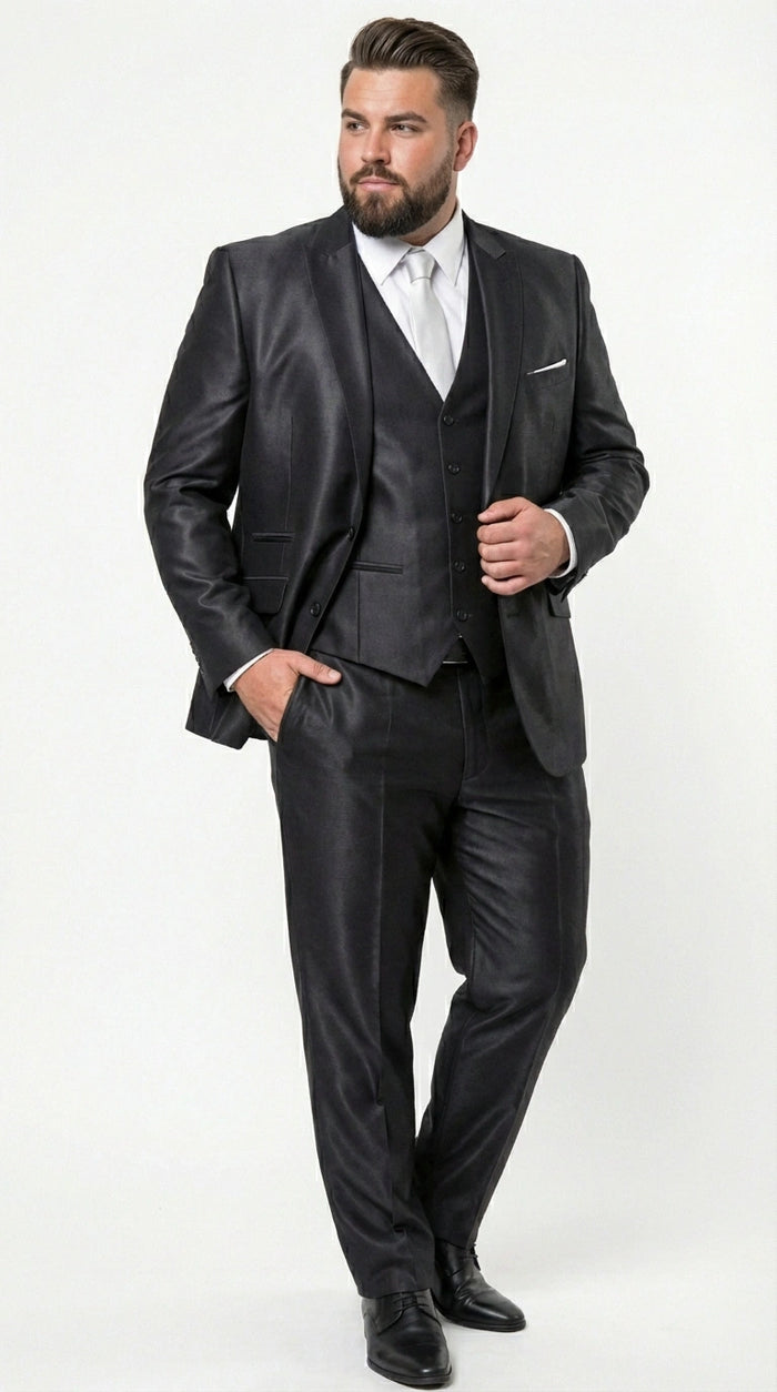 Men’s Black Three Piece Suit – Modern Fit 3PC Formal Suit with Vest for Weddings, Prom and Business Events Sharkskin Shiny Fabric
