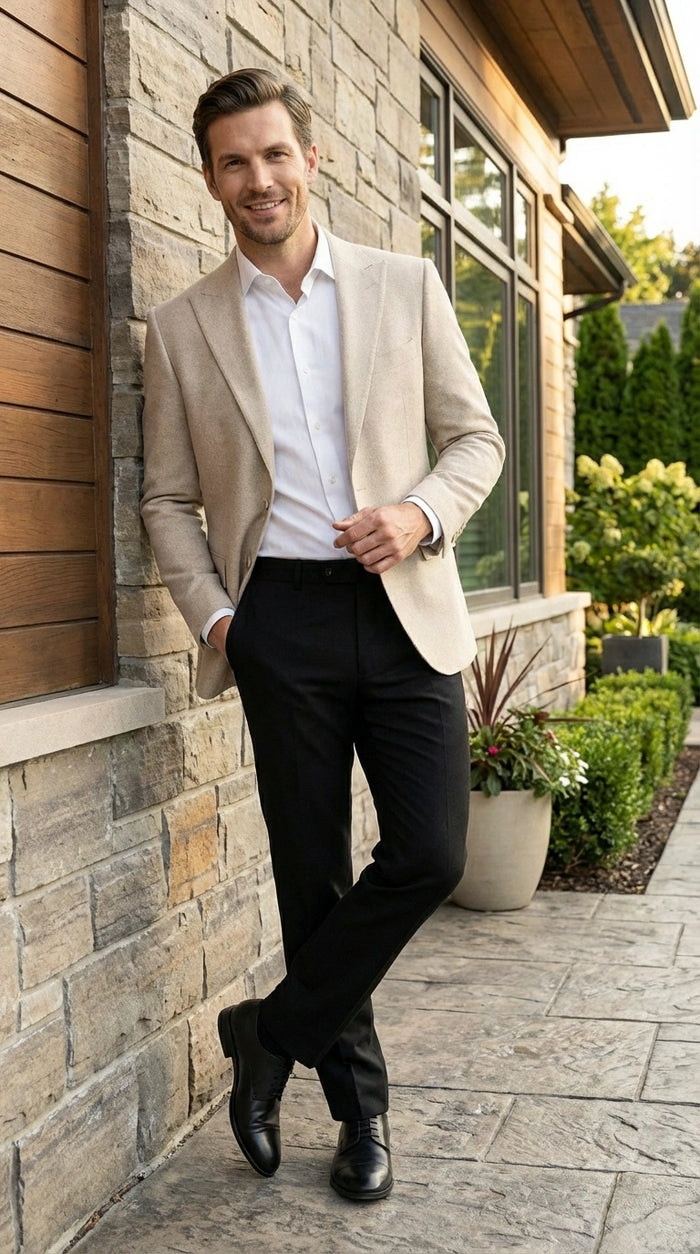 Zacchi Men’s Beige Hopsack Blazer – Classic Two Buttons Sport Coat with Peak Lapel Formal Jacket
