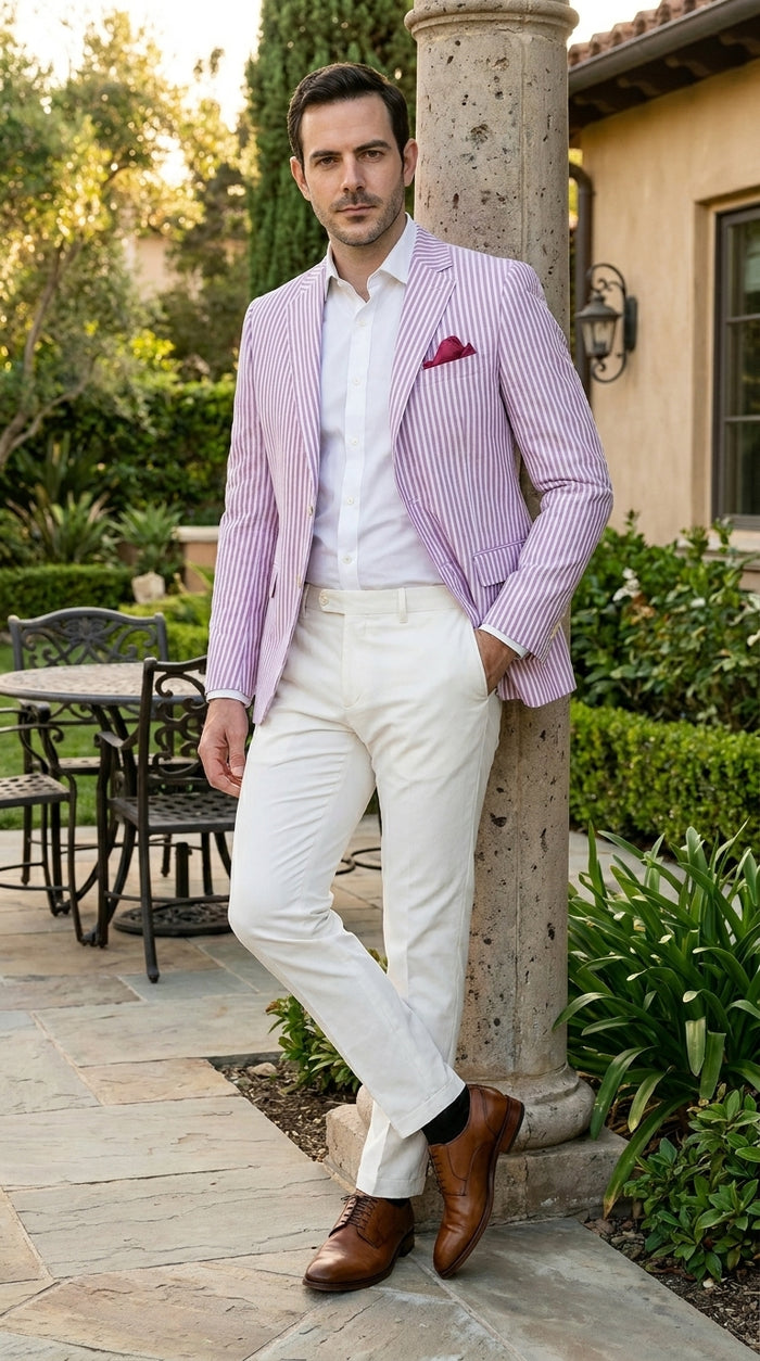 Men's Italian Lavender Seersucker Blazer Lightweight Summer Striped Suit Jacket