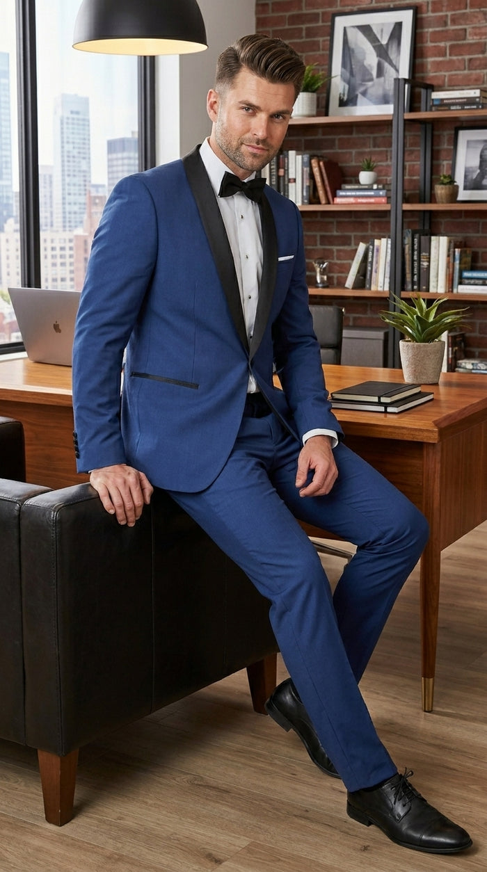 Men’s Indigo Shawl Prom Tuxedo with Black Lapel, One Button Jacket and Matching Pants