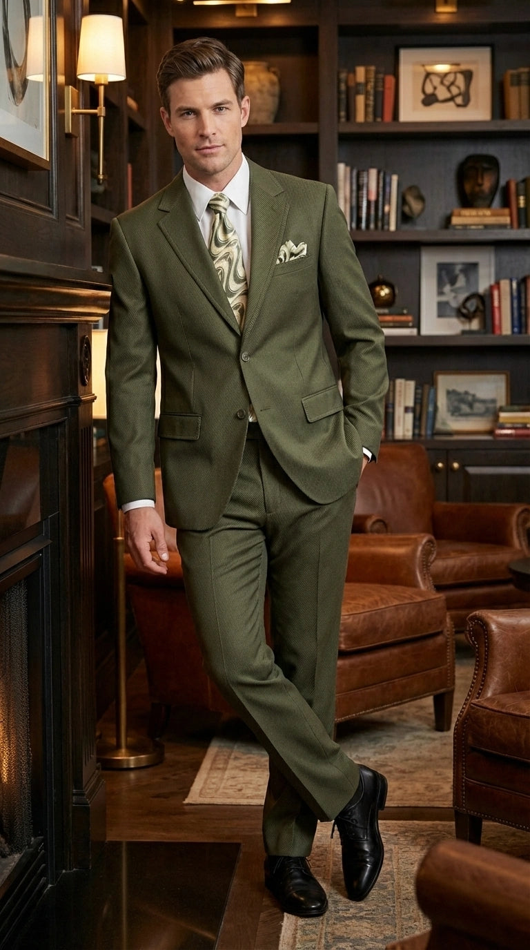 Men’s Olive Green Tuxedo With Trim Collar – Formal Wedding, Prom Suit Modern Fit