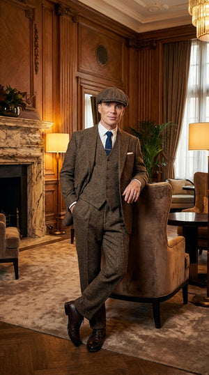 Men's Thomas Shelby Brown Herringbone 3-Piece Suit – Peaky Blinders 1920s Vintage-Style Suit with Matching Vest & Trousers