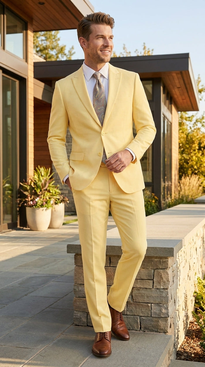 Men’s Pale Yellow 2 Piece Suit, Formal Dress Suit for Weddings, Prom, Parties, Summer Events, and Special Occasions By Vitali