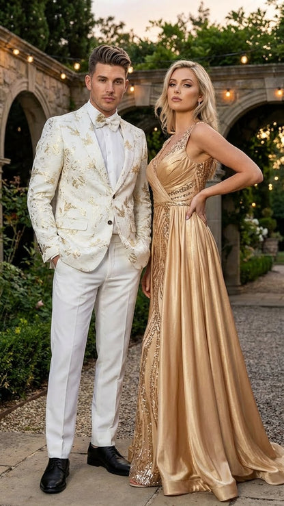 Men’s White and Gold Patterned Blazer – Paisley Floral Pattern Prom Wedding Suit Tuxedo Dinner Jacket + Bowtie