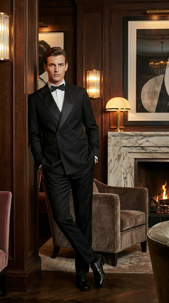 Men’s Black Double Breasted Tuxedo Jacket with Satin Peak Lapel, Formal Wedding Dinner Blazer