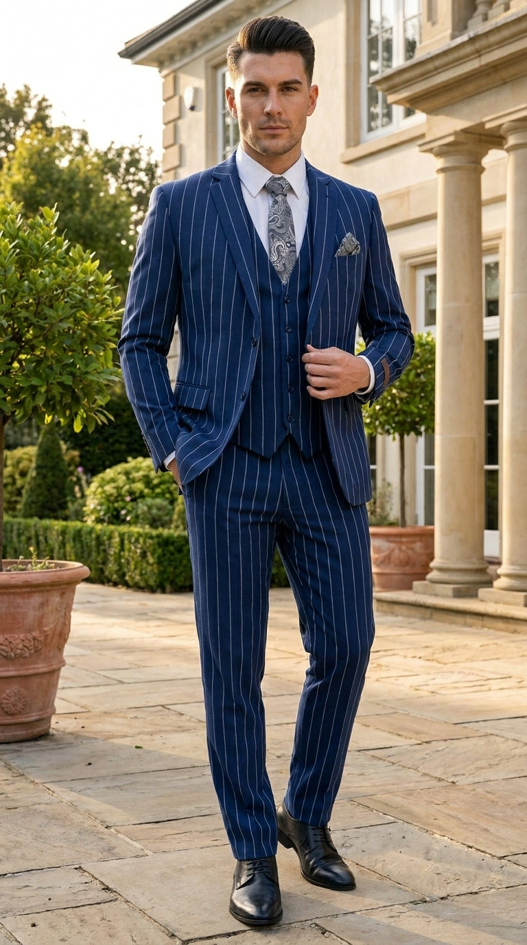 Men’s Navy Blue 1920s Gangster Stripe Vested Suit with White Pinstripes, 2 Button Dress Suit