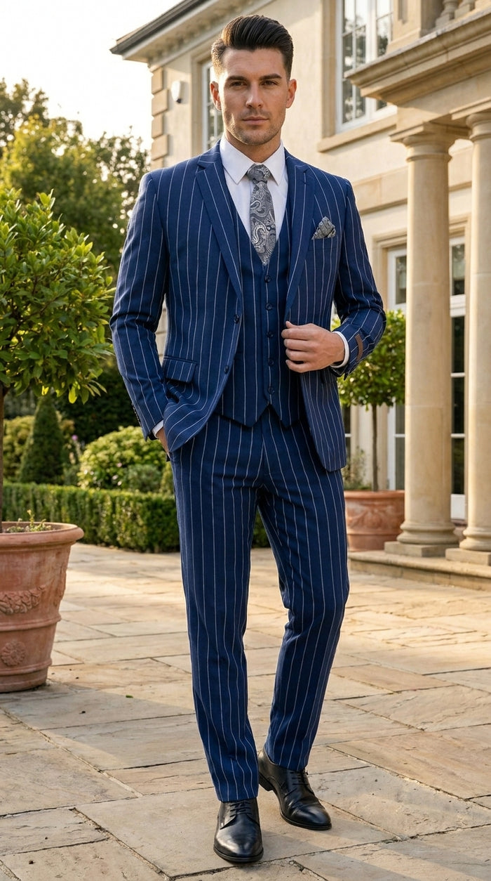 Men’s Navy Blue 1920s Gangster Stripe Vested Suit with White Pinstripes, 2 Button Dress Suit
