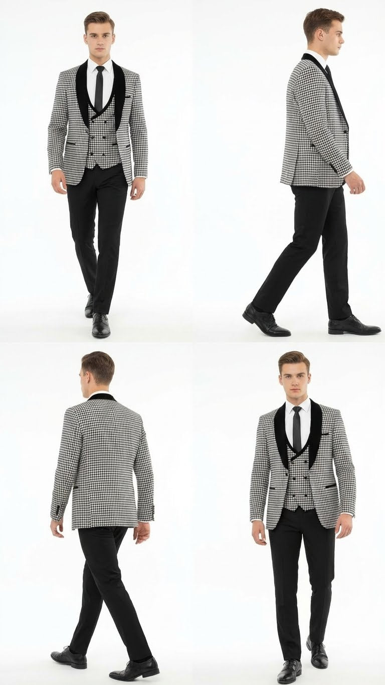 Mens Black and White Houndstooth Tuxedo Set with Velvet Shawl Lapel | 3-Piece Formal Suit with Double-Breasted Vest