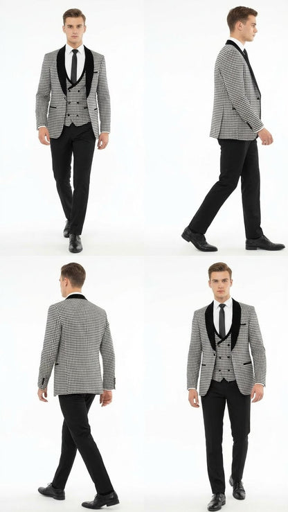 Mens Black and White Houndstooth Tuxedo Set with Velvet Shawl Lapel | 3-Piece Formal Suit with Double-Breasted Vest