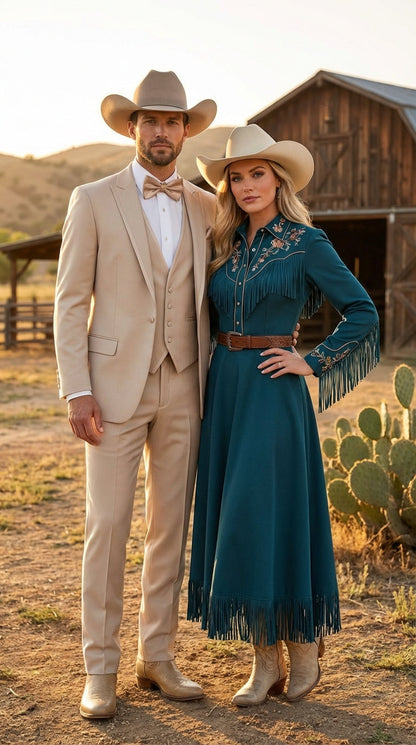 Mens Beige Tan Khaki CowboyTuxedo Suit – Western Formal Three Piece Suit with Jacket Vest and Pants