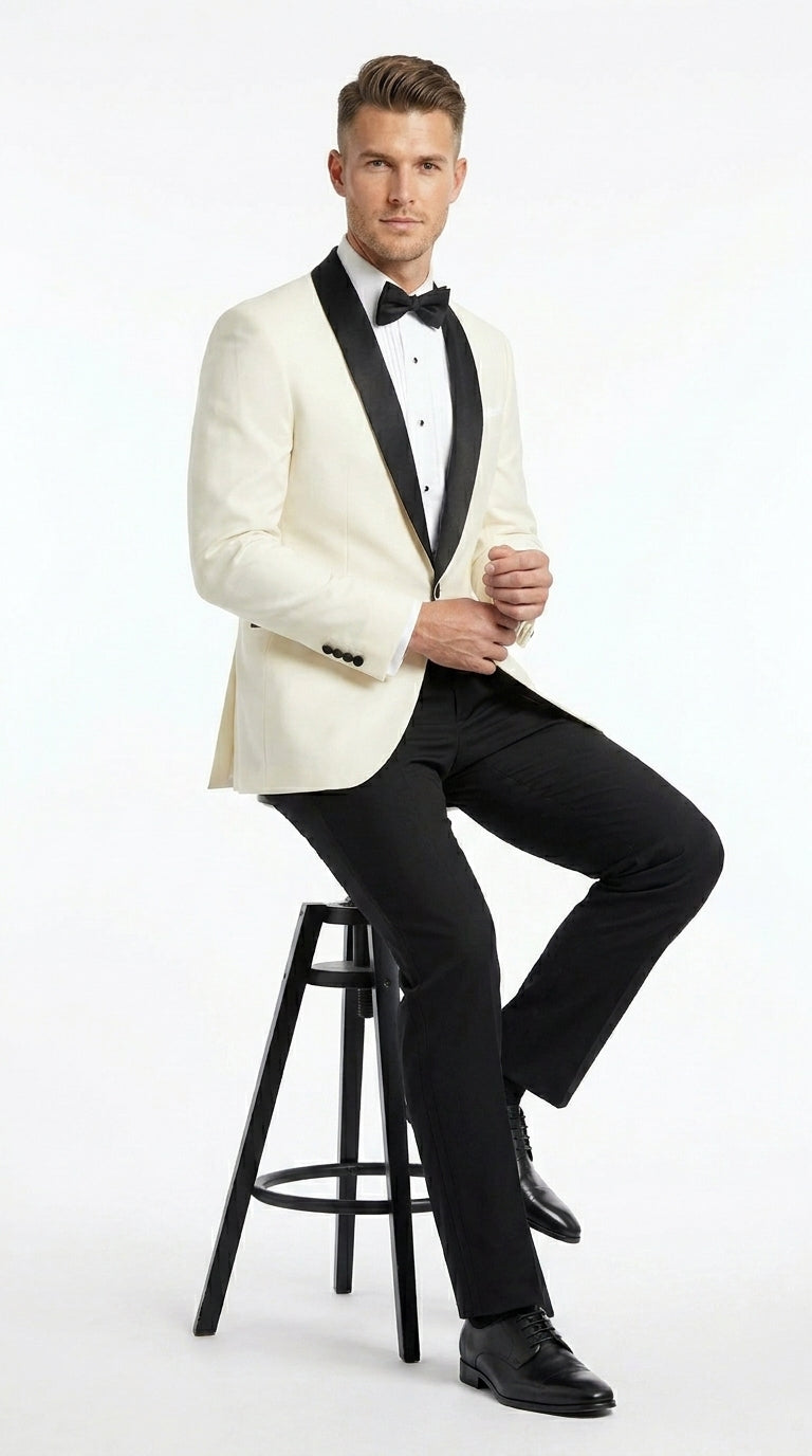 Men’s Ivory Dinner Jacket Blazer with Black Shawl Lapel, Formal Wedding Tuxedo Sport Coat