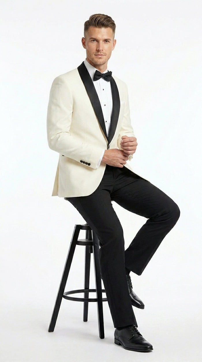 Men’s Ivory Dinner Jacket Blazer with Black Shawl Lapel, Formal Wedding Tuxedo Sport Coat