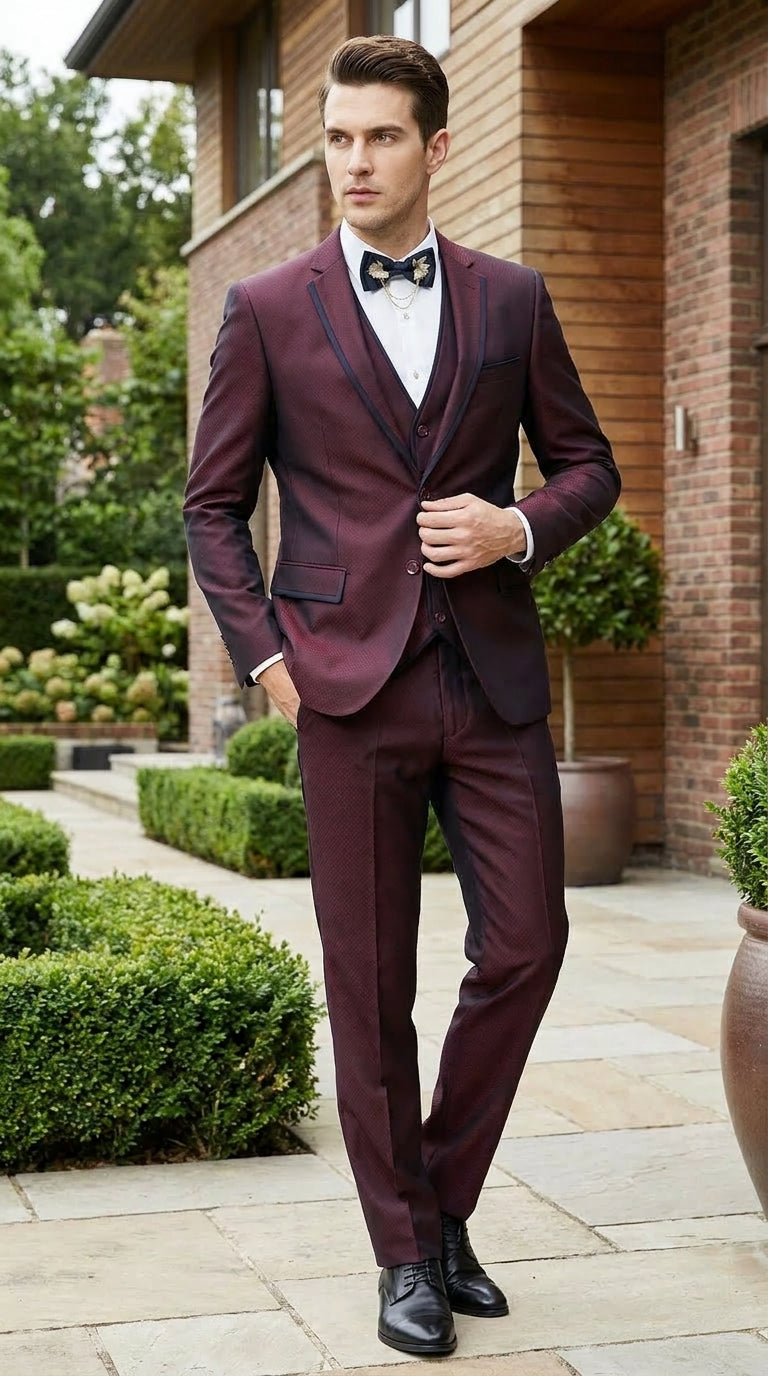 Men’s Burgundy Sharkskin Tuxedo with Satin Trim, Vested Formal Wedding and Prom Suit