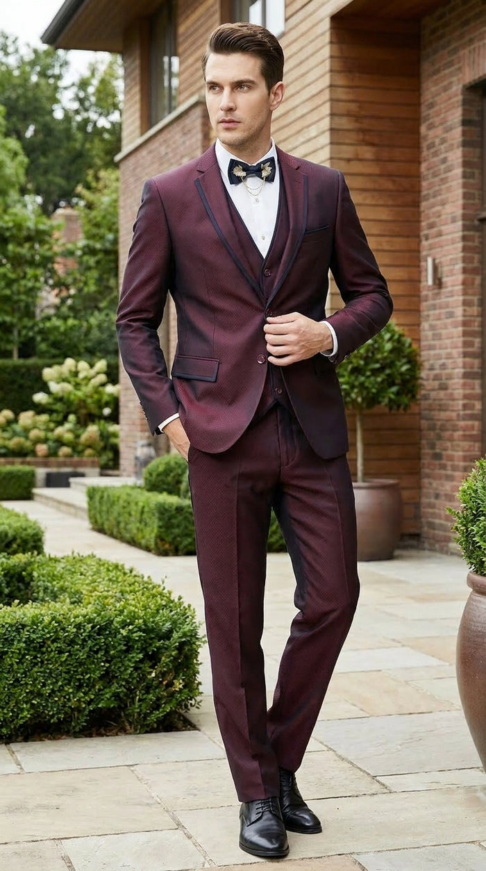 Men’s Burgundy Sharkskin Tuxedo with Satin Trim, Vested Formal Wedding and Prom Suit