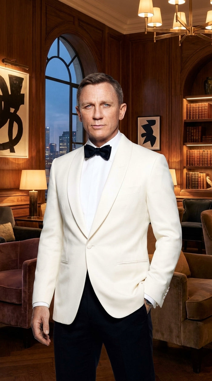 Men’s James Bond Style Ivory Dinner Jacket, Off White Cream Tuxedo Blazer for Wedding, Prom and Black Tie Events