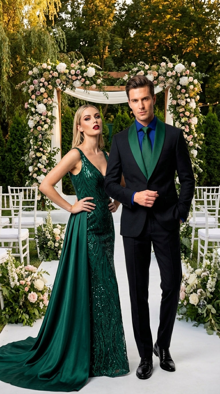 Men’s Black Suit with Hunter Green Shawl Lapel – Black and Hunter Green Formal Tuxedo Suit for Wedding, Prom With Bow Tie