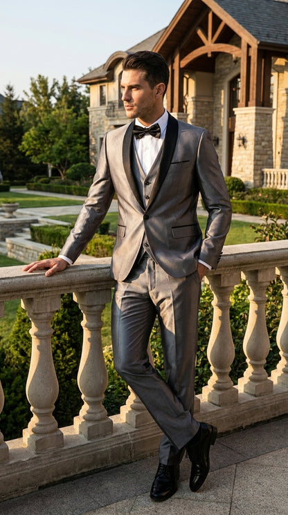 Men’s Silver Grey Sharkskin Vested Tuxedo with 1 Button Jacket, Shawl Lapel and Matching Pants