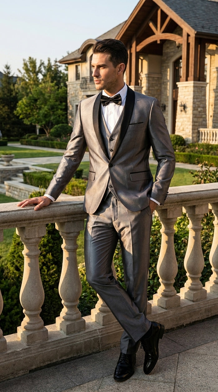 Men’s Silver Grey Sharkskin Vested Tuxedo with 1 Button Jacket, Shawl Lapel and Matching Pants