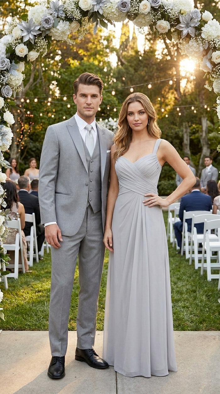 Men’s Light Grey Vested Tuxedo with One Button Jacket, Peak Lapel and Matching Pants