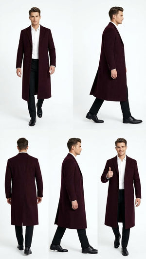 Mens Burgundy Long Coat  Classic Fit Wool Blend Overcoat - Topcoat Full length