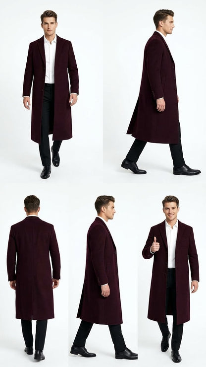 Mens Burgundy Long Coat  Classic Fit Wool Blend Overcoat - Topcoat Full length