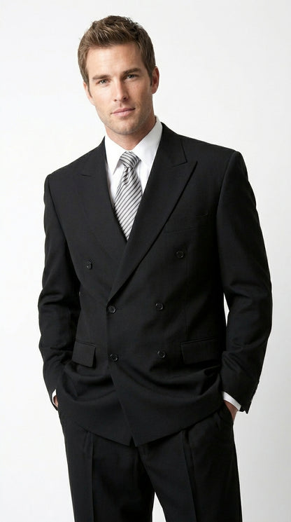 Brand New Solid Black Double Breasted Suit 100% Wool Fabric Super 150s Wide Suits Side Vent (pleated or Flat Front Pants)