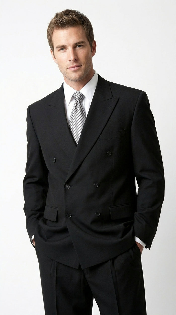 Brand New Solid Black Double Breasted Suit 100% Wool Fabric Super 150s Wide Suits Side Vent (pleated or Flat Front Pants)
