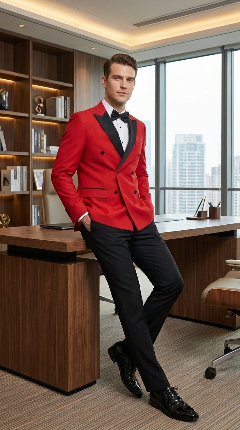 Men’s Red Double Breasted Wool Tuxedo with Black Lapel, Formal Wedding Prom Dinner Jacket