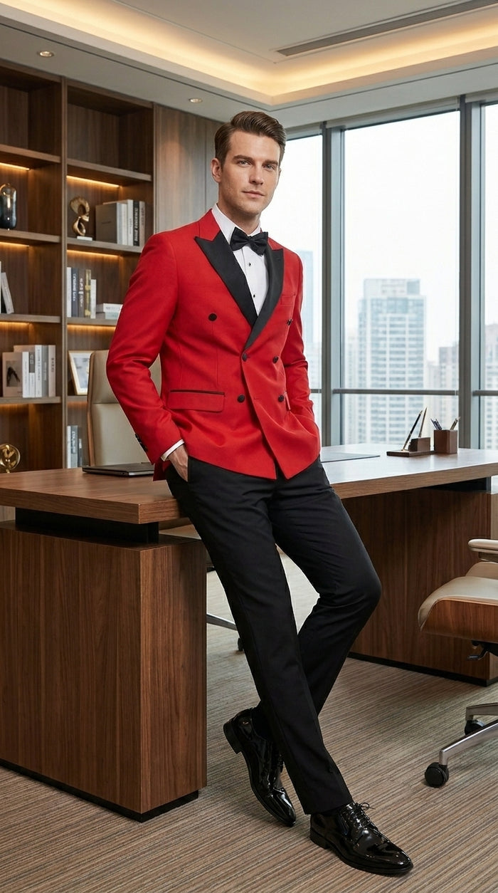 Men’s Red Double Breasted Wool Tuxedo with Black Lapel, Formal Wedding Prom Dinner Jacket