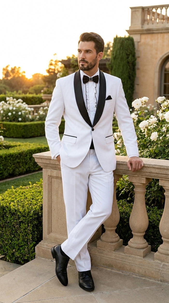 Men’s White and Black Classic Microfiber Shawl Tuxedo with Jacket and Pants, Formal Wedding Suit