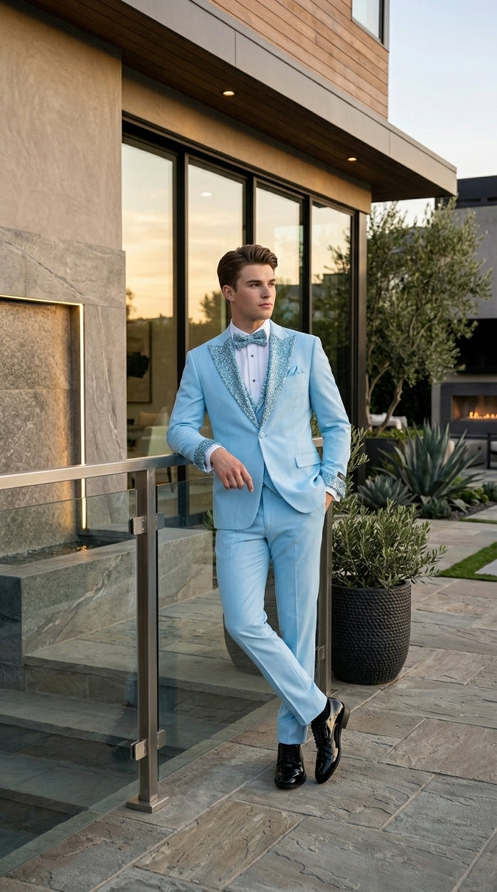 Men’s Baby Blue Prom Tuxedo Suit with Silver Rhinestone Sequin Lapel and Matching Vest