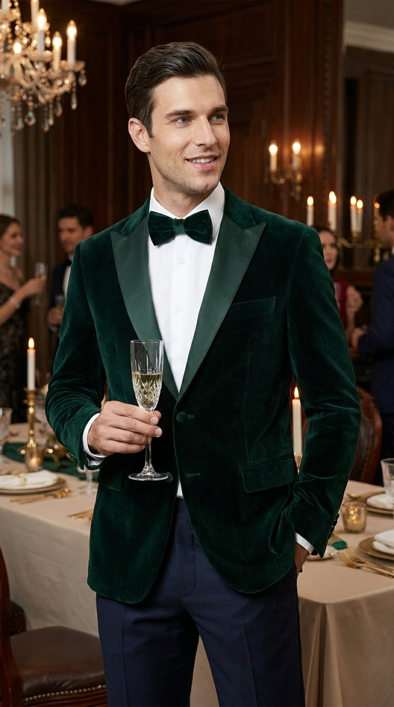 Men’s Hunter Green Velvet Tuxedo Jacket with Peak Lapel, Formal Wedding Prom Dinner Blazer