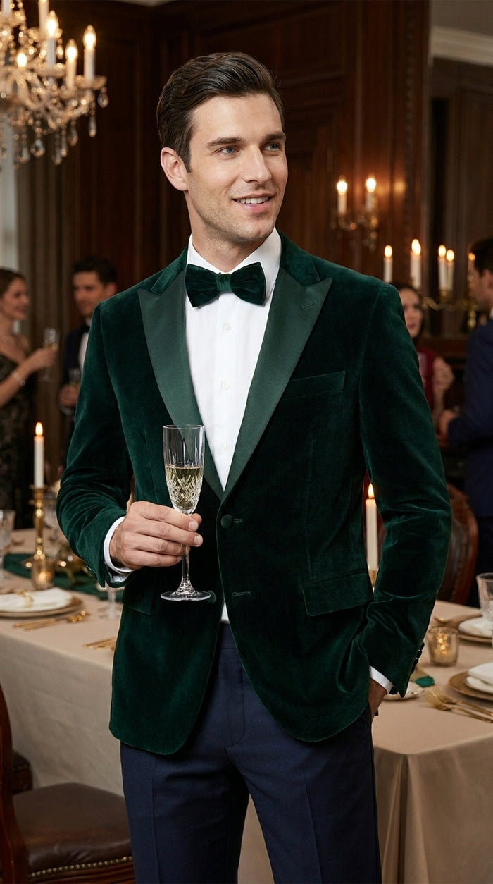 Men’s Hunter Green Velvet Tuxedo Jacket with Peak Lapel, Formal Wedding Prom Dinner Blazer