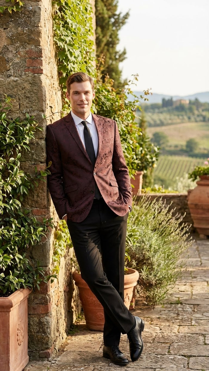 Mens Burgundy Paisley Blazer Sport Coat  Velvet Dinner Jacket floral in Maroon Wine Color Ultra Slim Fit Smoking Jacket