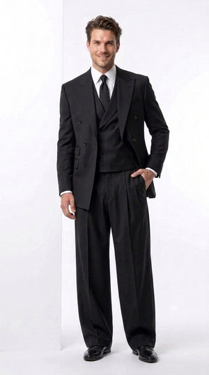 Tiglio Rosso Men’s Black Super 150’s Italian Wool 3-Piece Suit – Double-Breasted Jacket, Vest and Wide-Leg Pleated Pants