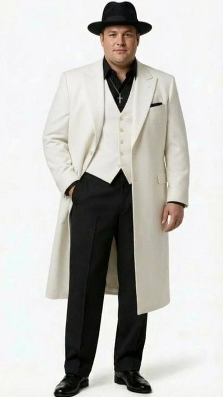Mens White Long Zoot Suit Costume Set with Black Pants – Wedding, Prom and Party Outfit 1920s - 1930s Gangster Style