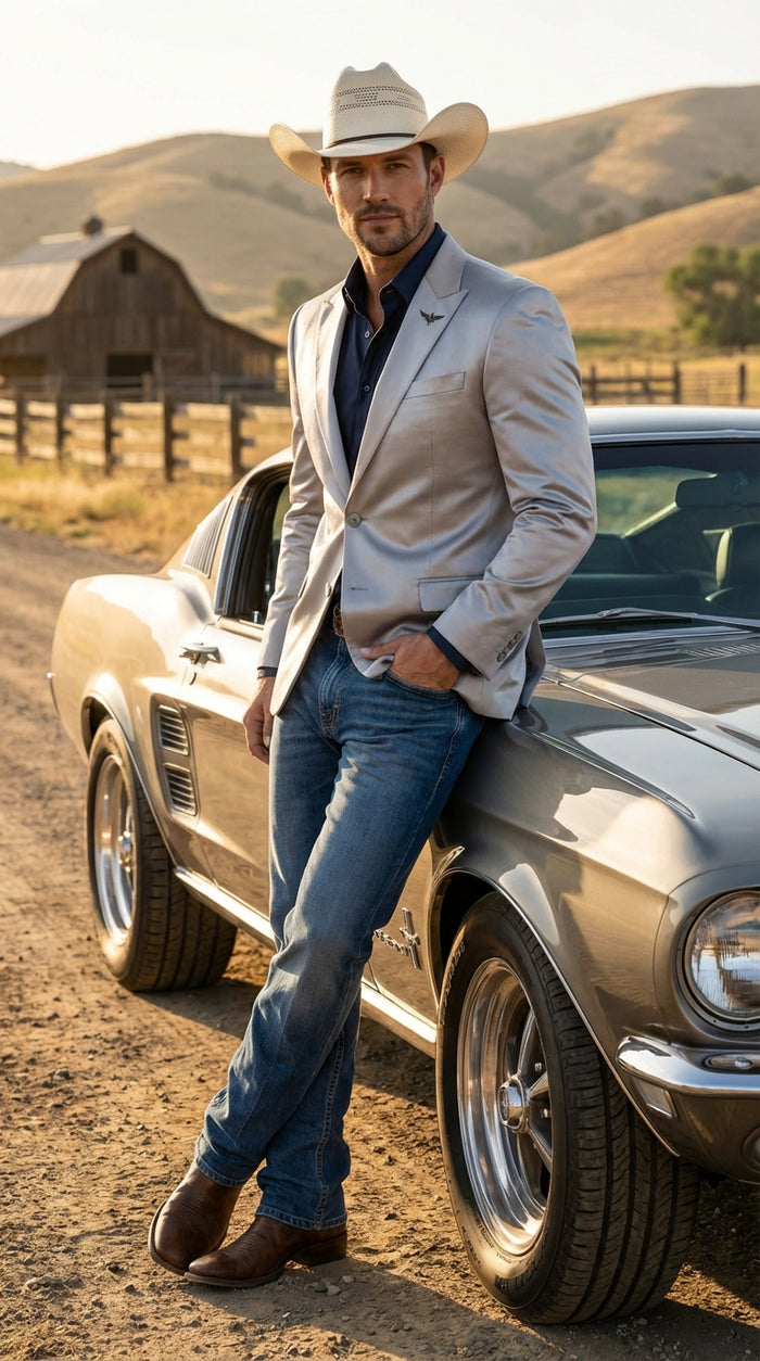 Men's Shiny Silver Cowboy Blazer – Western Style Satin Finish Blazer for Party, Country Events and Evening Wear