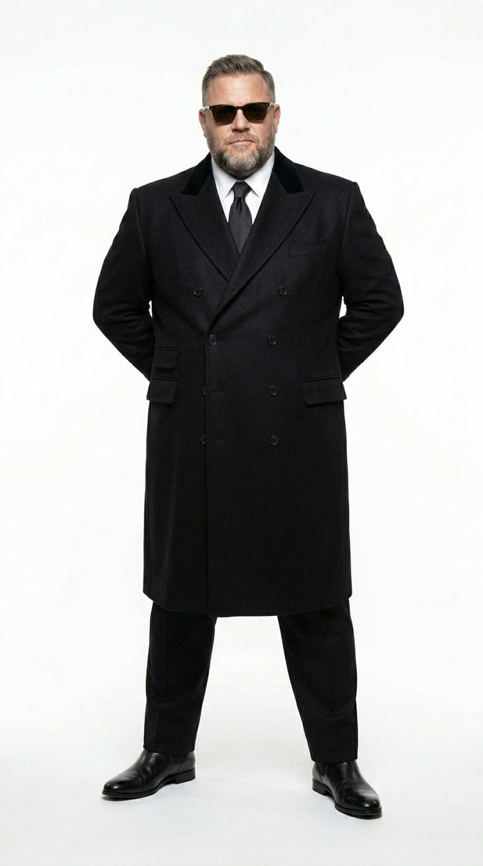 Men’s Black Double Breasted Overcoat, James Bond Inspired Long Formal Coat for Weddings, Business Events, Parties, and Winter Occasions