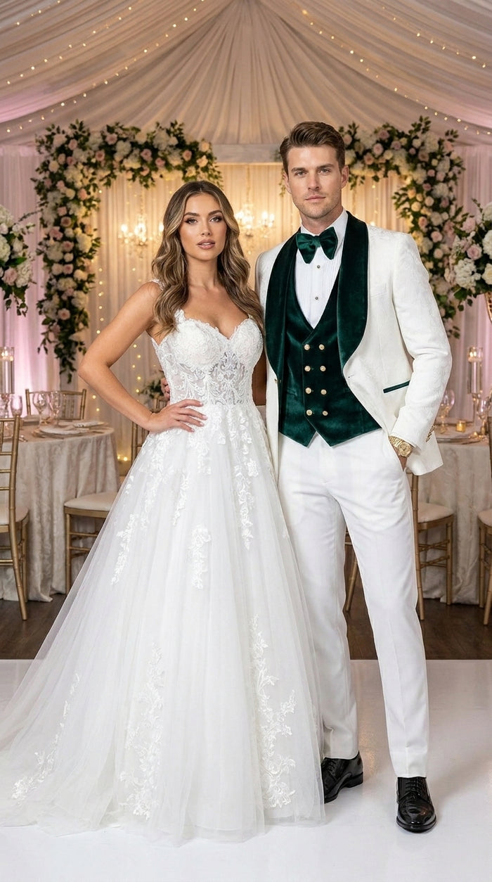 Men’s White and Green Tuxedo Wedding Suit with Shawl Lapel, Velvet Vest and Pants