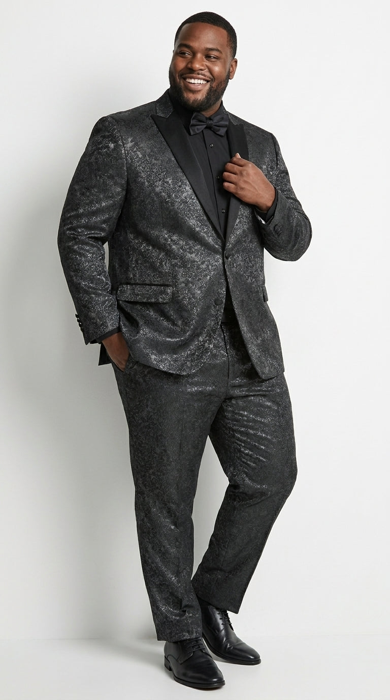 Men’s Black Paisley Wedding and Prom Tuxedo with One Button Jacket, Formal Dinner Suit