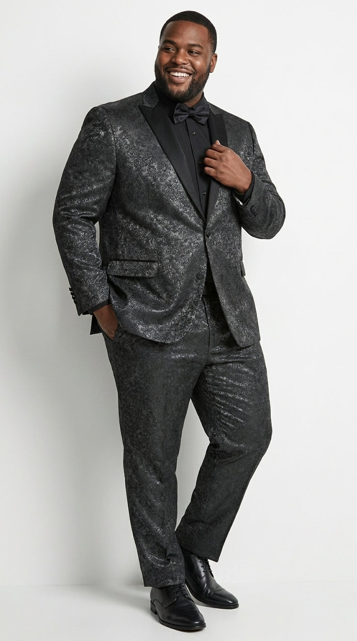 Men’s Black Paisley Wedding and Prom Tuxedo with One Button Jacket, Formal Dinner Suit