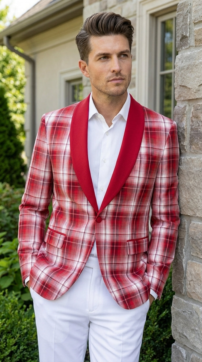 Mens Tartan Red and White Plaid Blazer – Check Pattern Sport Coat Red Shawl Lapel Party Christmas Holiday New Year
