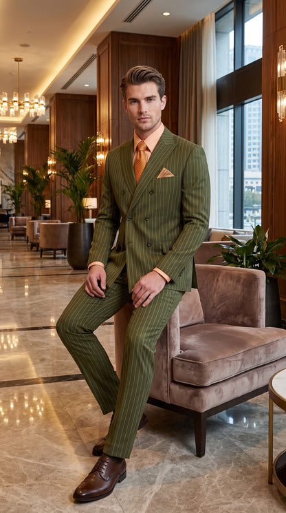 Men’s Olive Green Pinstripe Double-Breasted Suit – Classic Wedding, Business and Formal Suit