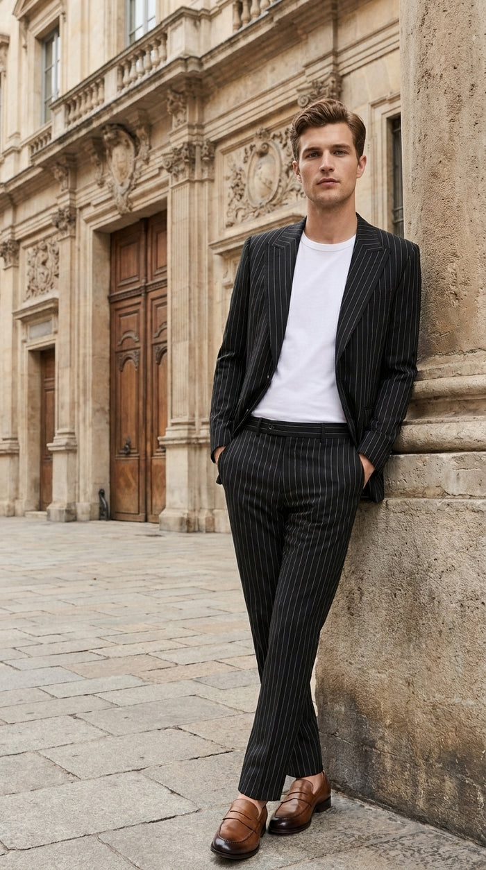 Men’s Black Pinstripe 2-Piece Tuxedo Suit – Two-Button Jacket and Matching Formal Pants
